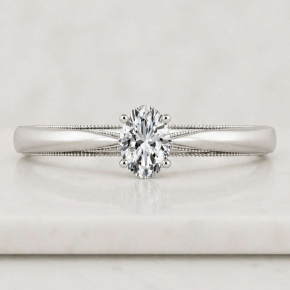 Oval Cut Solitaire Engagement Ring, Vintage Milgrain Band, Antique Style Bridal Ring, Unique Proposal Ring
