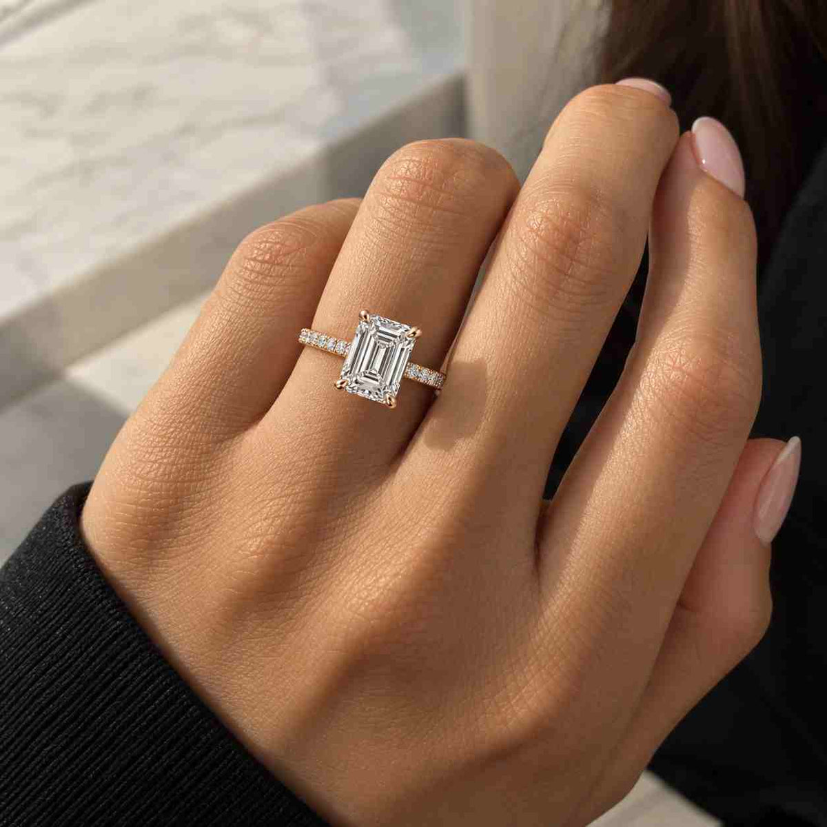 solitaire diamond ring emerald cut engagement ring genuine lab grown diamond ring half bezel setting ring 
