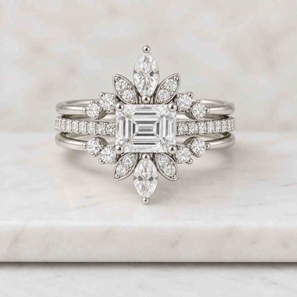 Solitaire Diamond Ring Emerald Cut Engagement Ring Genuine Lab Grown Diamond Ring Half Bezel Setting Ring Solid Yellow Rose White Gold Ring
