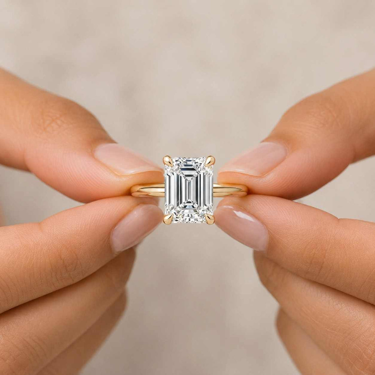 solid gold solitaire emerald cut moissanite engagement ring
