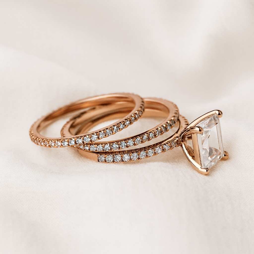 Solitaire Engagement Ring With Luxurious Matching Band Emerald Diamond Ring Set Stacked Engagement Ring