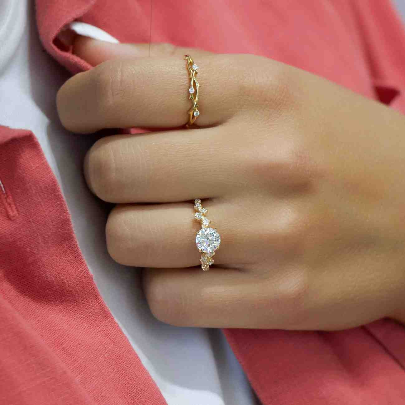 Solitaire Hidden Halo Wedding Ring, 3 CT Emerald Cut Moissanite Engagement Ring, 14K Solid Yellow Gold Ring, Double Side Round Diamond Ring