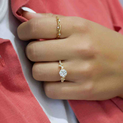 Solitaire Hidden Halo Wedding Ring, 3 CT Emerald Cut Moissanite Engagement Ring, 14K Solid Yellow Gold Ring, Double Side Round Diamond Ring