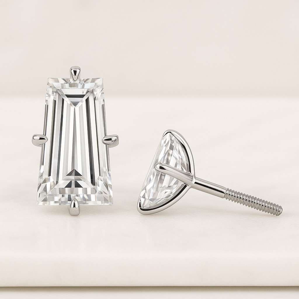 Solitaire Moissanite Baguette 14k Gold Minimalist Stud Earrings