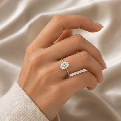 Solid Gold Solitaire Oval Cut Moissanite Engagement Ring 4 Prongs Cathedral Set
