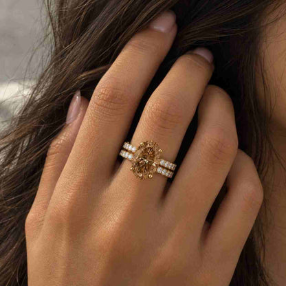 Split Shank Diamond Ring, Champagne 5ct Oval Lab Grown Diamond Engagement Ring, Yellow Gold Oval Ring, Vintage Inspired Unique Bridal Ring

