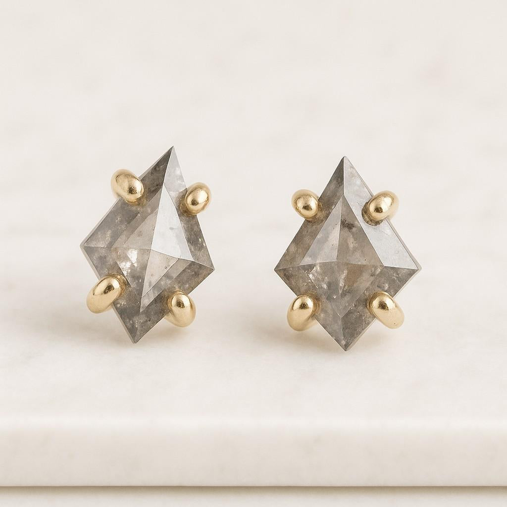 Spotted Herkimer Diamond Earrings, salt and pepper herkimer raw diamond studs, salt pepper crystal point diamond earring