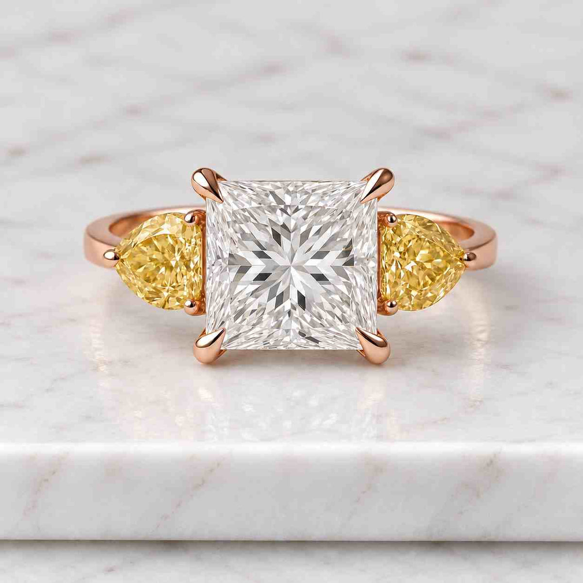 princess pear three stone engagement ring, moissanite lab grown diamond, 14k solid gold bridal