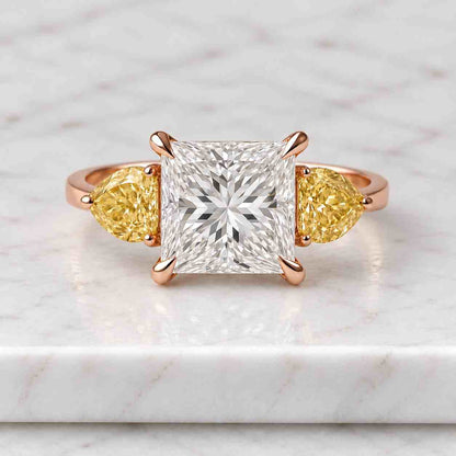 Princess Pear Three Stone Engagement Ring, Moissanite Lab Grown Diamond, 14k Solid Gold Bridal