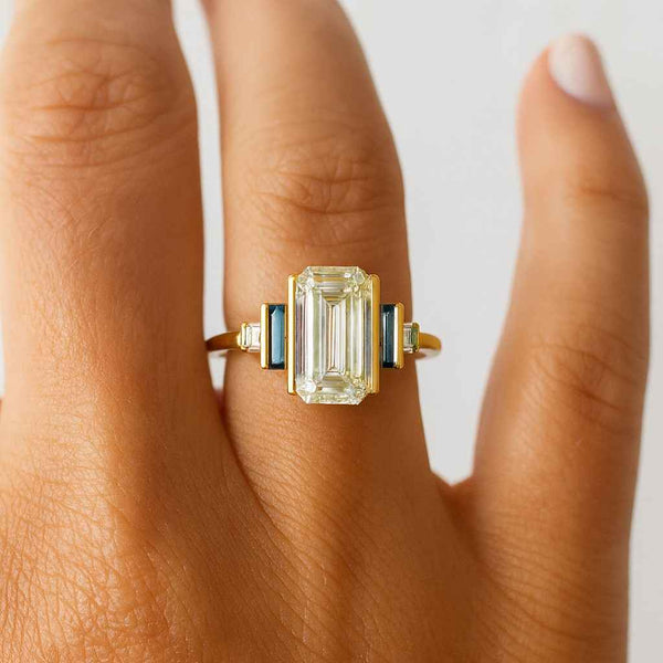 Stackable Band September Birthstone Promise Gift Blue Sapphire Full Eternity Wedding Band Solid 14k Yellow Gold Emerald Cut Gemstone Ring