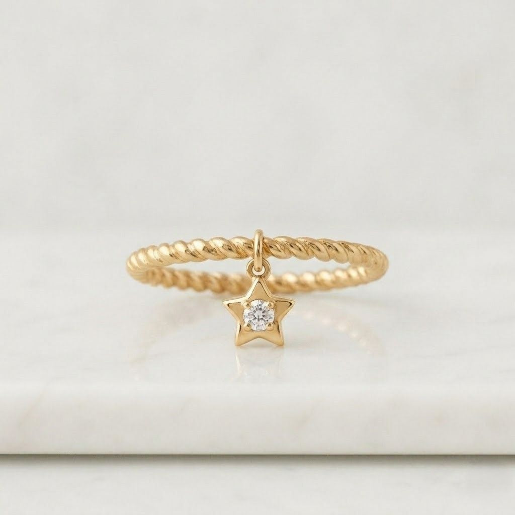 Star Charm Diamond Ring 14K Yellow Gold Twisted Band Dainty Stackable Ring Minimalist Star Dangle Ring Gift for Her
