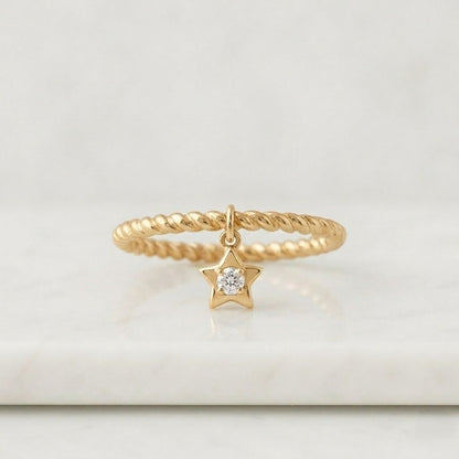 Star Charm Diamond Ring 14K Yellow Gold Twisted Band Dainty Stackable Ring Minimalist Star Dangle Ring Gift for Her
