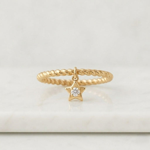 Star Charm Diamond Ring 14K Yellow Gold Twisted Band Dainty Stackable Ring Minimalist Star Dangle Ring Gift for Her
