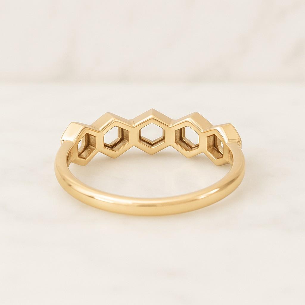 Step Cut Hexagon Diamond Five Stone Ring 14K Yellow Gold Ring Lab Grown Diamond Wedding Ring Half Bezel Set Diamond Ring