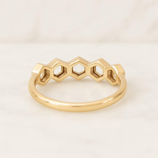 Step Cut Hexagon Diamond Five Stone Ring 14K Yellow Gold Ring Lab Grown Diamond Wedding Ring Half Bezel Set Diamond Ring