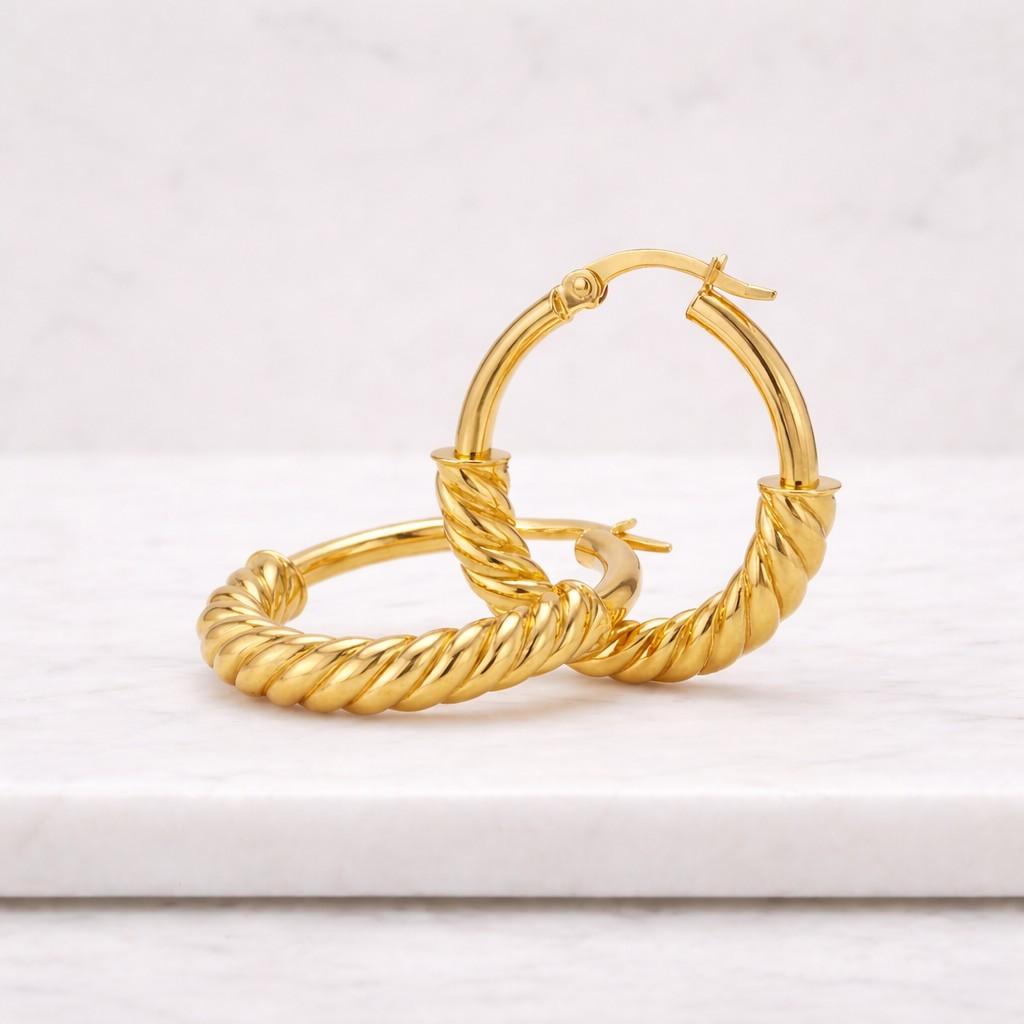 24ct Gold Vermeil Circle Rope Textured Earrings | Twisted Rope Hoops 31mm | Simple Hoops Gold | Cartilage Rope Hoops | Minimalist Earrings
