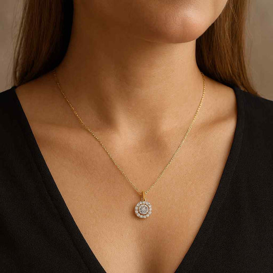 Sterling Silver CZ Cluster Necklace Earrings Set Round Halo Bridal Jewelry