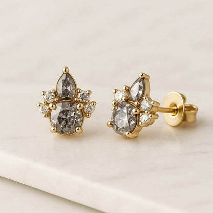 Sterling Silver Earrings Bridal Earrings Salt And Pepper Diamond Stud Earrings Natural Diamond Geometric Earrings For Christmas Gift For Her