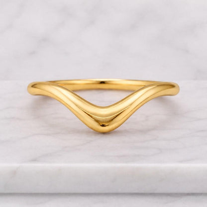 14K Solid Gold Curved Wedding Band, 14k Gold Matching Band, Dainty Gold Ring, Real Gold Jewelry, Plain Gold Stacking Ring For Women
