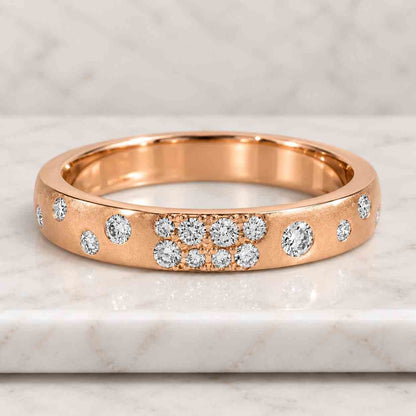 Stunning Scattered Diamond Wedding Band, 0.6 TCW Round Cut Colorless Moissanite Wide Dome Band For Women, Flush Set Band In 14K Yellow Gold
