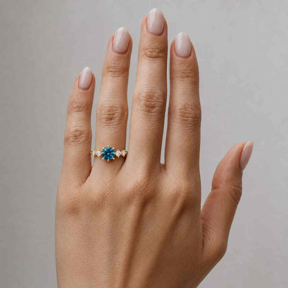Teal Sapphire Engagement Ring Moissanite Cluster Ring Oval Shape Gemstone Ring Anniversary Gifts 14K Solid Rose Gold Ring Promise Ring
