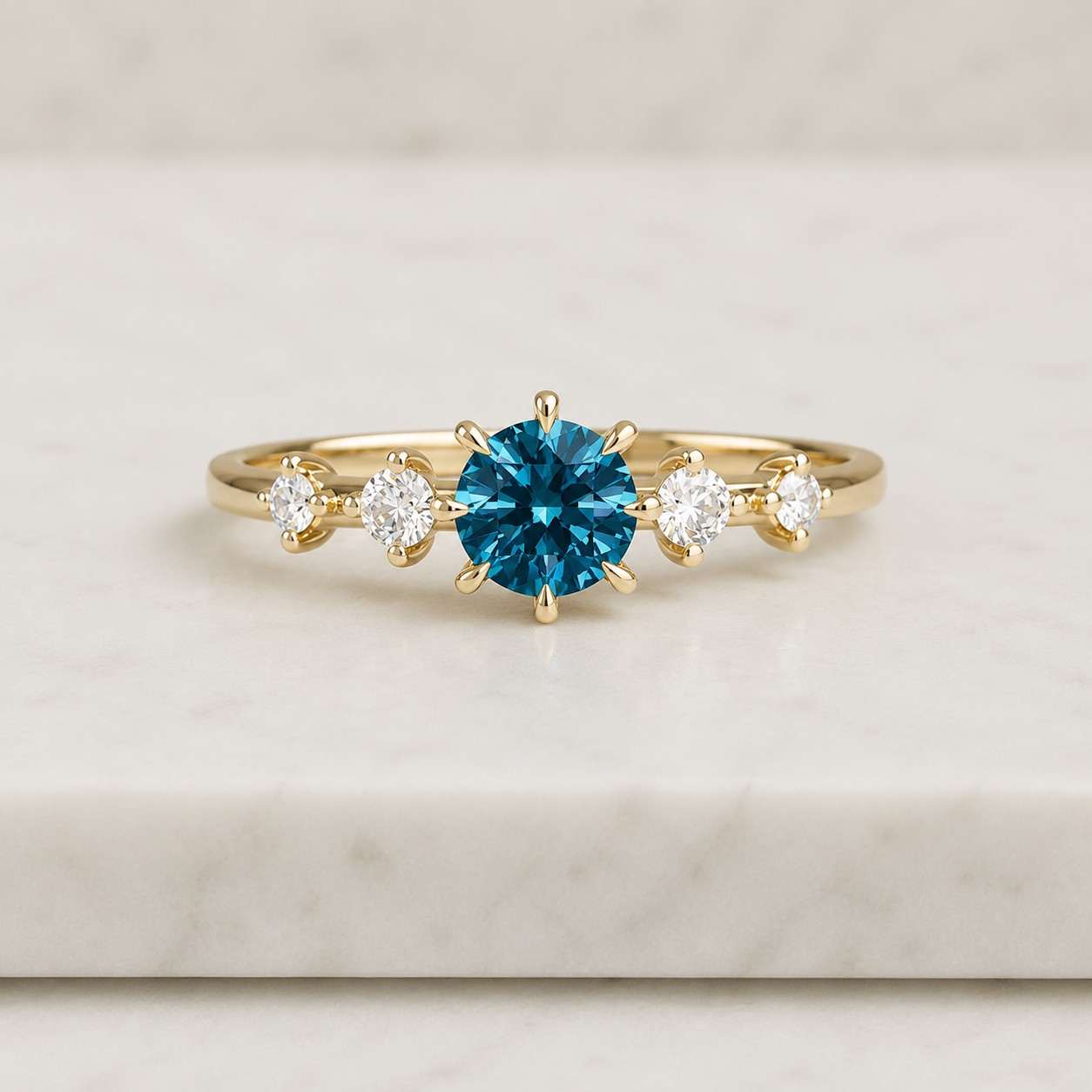 Teal Sapphire Engagement Ring, Moissanite Diamond Cluster, 14K Rose Gold
