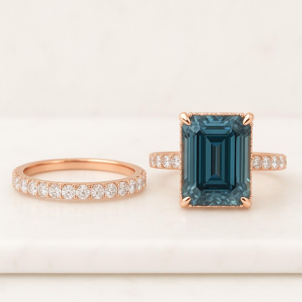 Teal Sapphire engagement ring set Rose gold bridal set Round curved moissanite diamond ring Claw prong set Unique Anniversary Promise ring