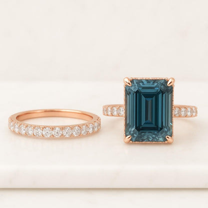 Teal Sapphire engagement ring set Rose gold bridal set Round curved moissanite diamond ring Claw prong set Unique Anniversary Promise ring