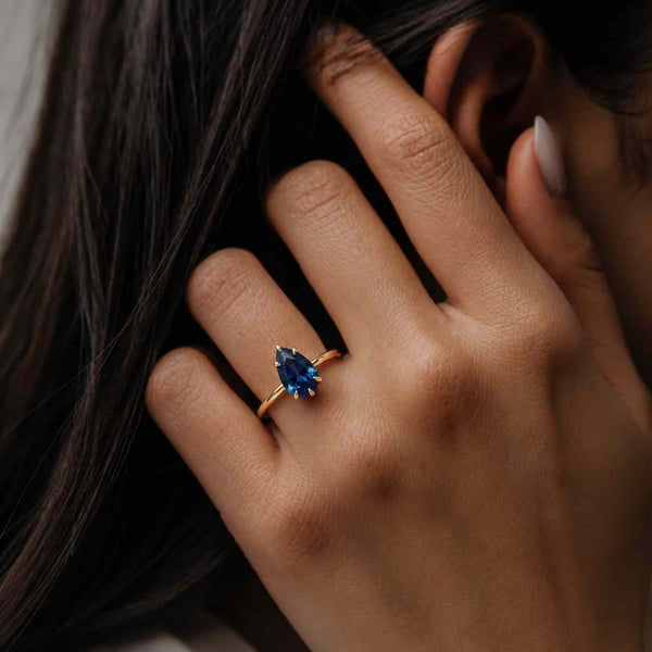 Teardrop Sapphire Ring,deep blue teardrop sapphire faceted engagement ring, bright blue teardrop pear ring,blue sapphire pear solitaire ring
