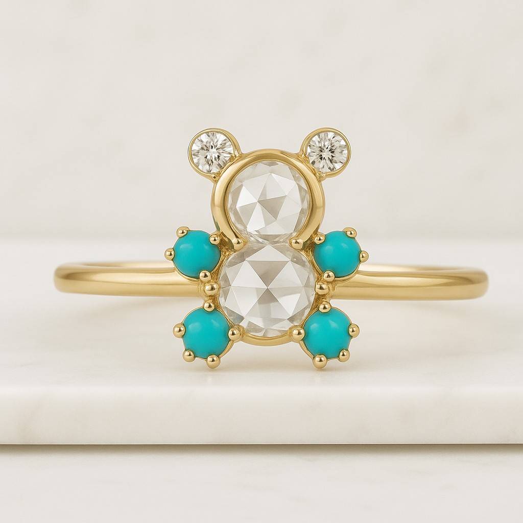 Teddy Bear Ring 0.86 CT Rose Cut Lab Grown Diamond 14K Gold