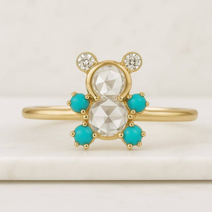 Teddy Bear Ring 0.86 CT Rose Cut Lab Grown Diamond 14K Gold