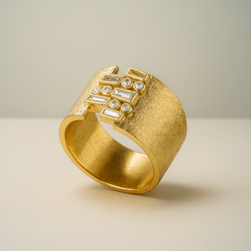 14k Solid Gold Cigar Wedding Band, Wide Pave Moissanite Ring for Women