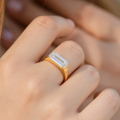 Three Stone Criss Cut Lab Diamond Accent Ring Side Bullet Cut Diamond Ring Claw Prong Set CVD Diamond Ring 14K Yellow Gold Trilogy Ring