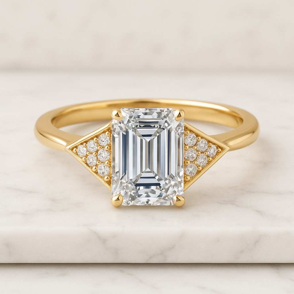 2.50ct Emerald Lab Grown Diamond Engagement Ring, Baguette Side Diamond, Three Stone Ring, IGI Certified Diamond Ring