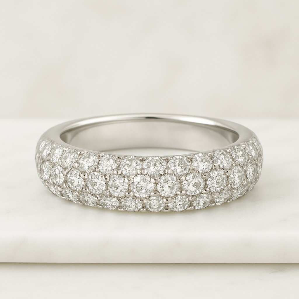 Three Micro Pave Crystal Row Round Cut Lab Grown Diamond Wedding Band Full Eternity Band in 14K Yellow Gold Stackable Handmade Band