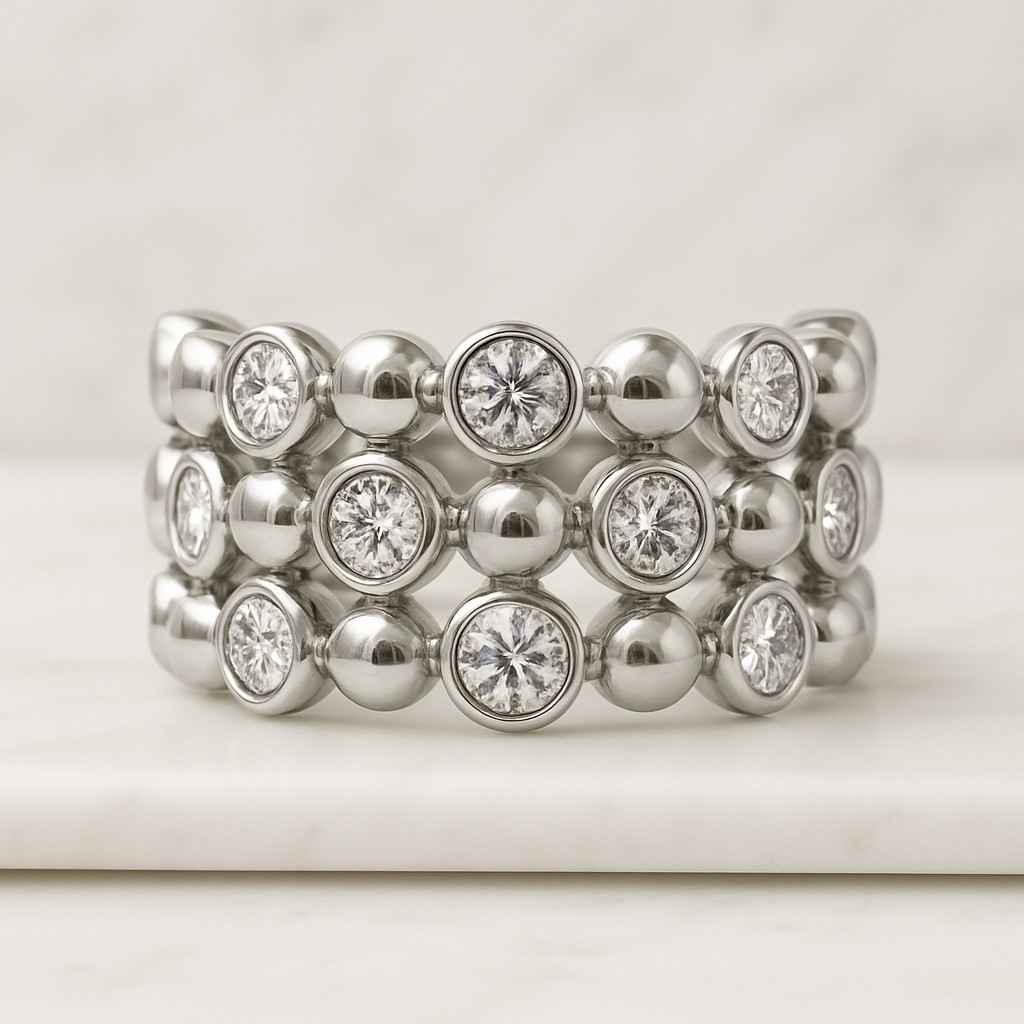 Three Row Bubble Design Bezel Set Round Diamond Ring