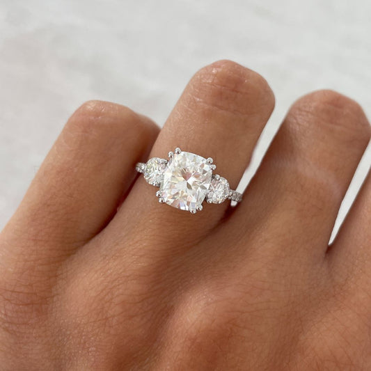 Three Stone 2 Ct Cushion Cut Moissanite Engagement Ring, Celebrity Replica Ring