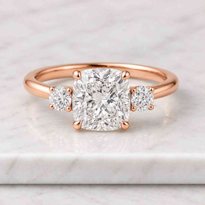 Three Stone Cushion Cut Engagement Ring with Side Trillion