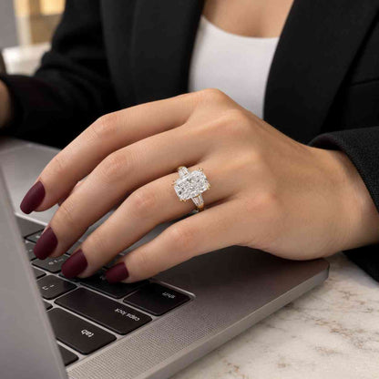 Three Stone Cushion Cut Engagement Ring with Trapezoid Side Stones | IGI Certified
