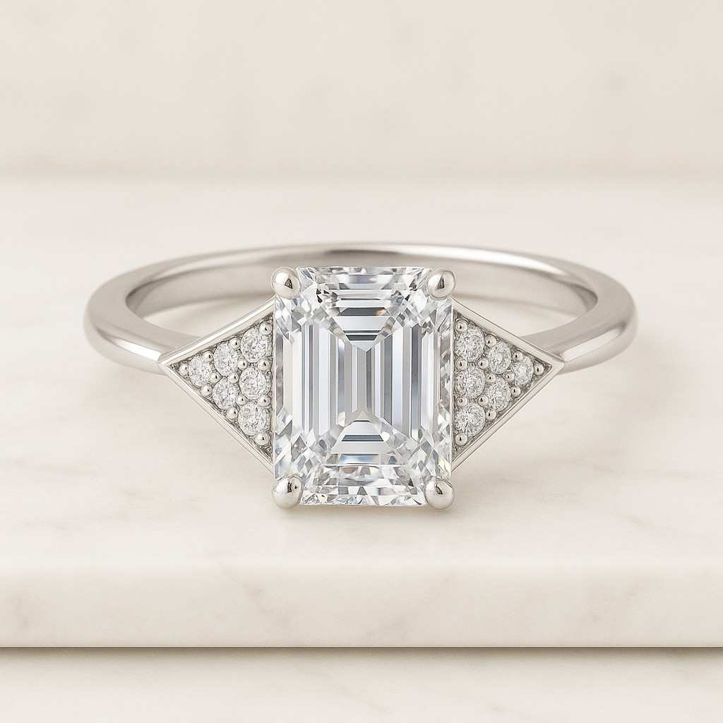 Three Stone Emerald Cut Moissanite Engagement Ring, Side Trapezoid Moissanite, Three Stone Engagement Ring