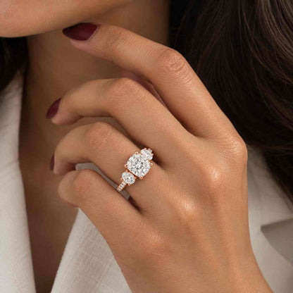 Three Stone Engagement Ring Lab Grown Diamond Ring Cushion Three Stone Ring Diamond Trilogy Ring for Anniversary Gift White Yellow Rose Gold
