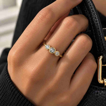 Three Stone Engagement Ring, Round Rose Cut Lab Grown Diamond Ring, Bezel Set Wedding Ring for Women, Anniversary Gift for Her