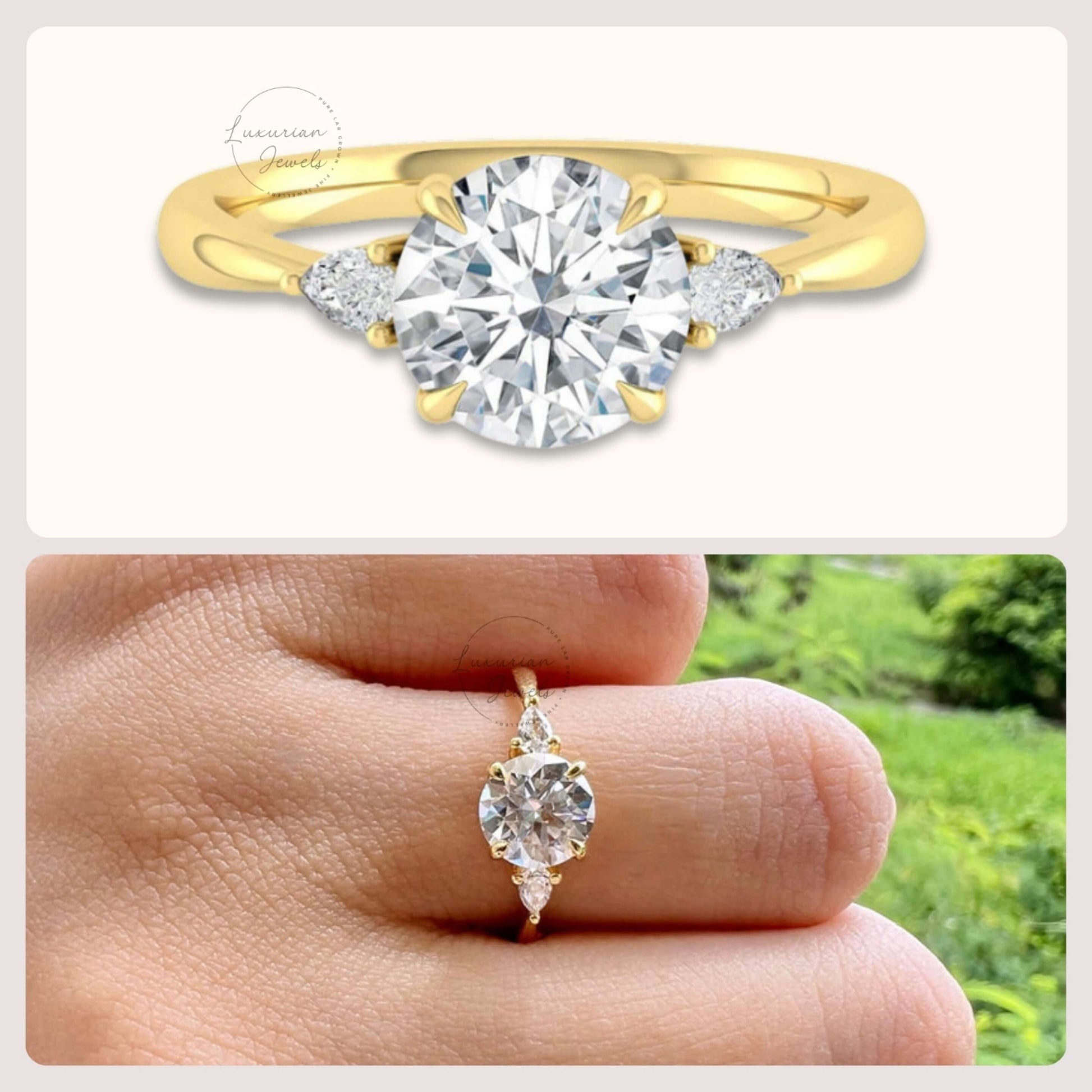 Three Stone Engagement Ring, Side Pear Cut Diamonds