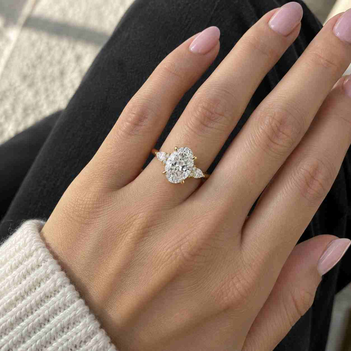 Three Stone Lab Grown Diamond Engagement Ring Unique Twisted White Gold Oval Cut Lab Diamond Bridal Ring Classic Wedding Ring