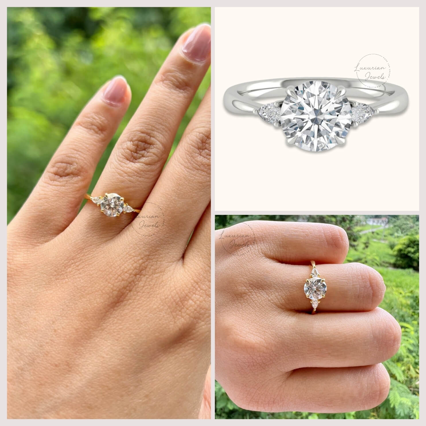 Three Stone Round Cut Moissanite Engagement Ring Side Stone Pear Cut