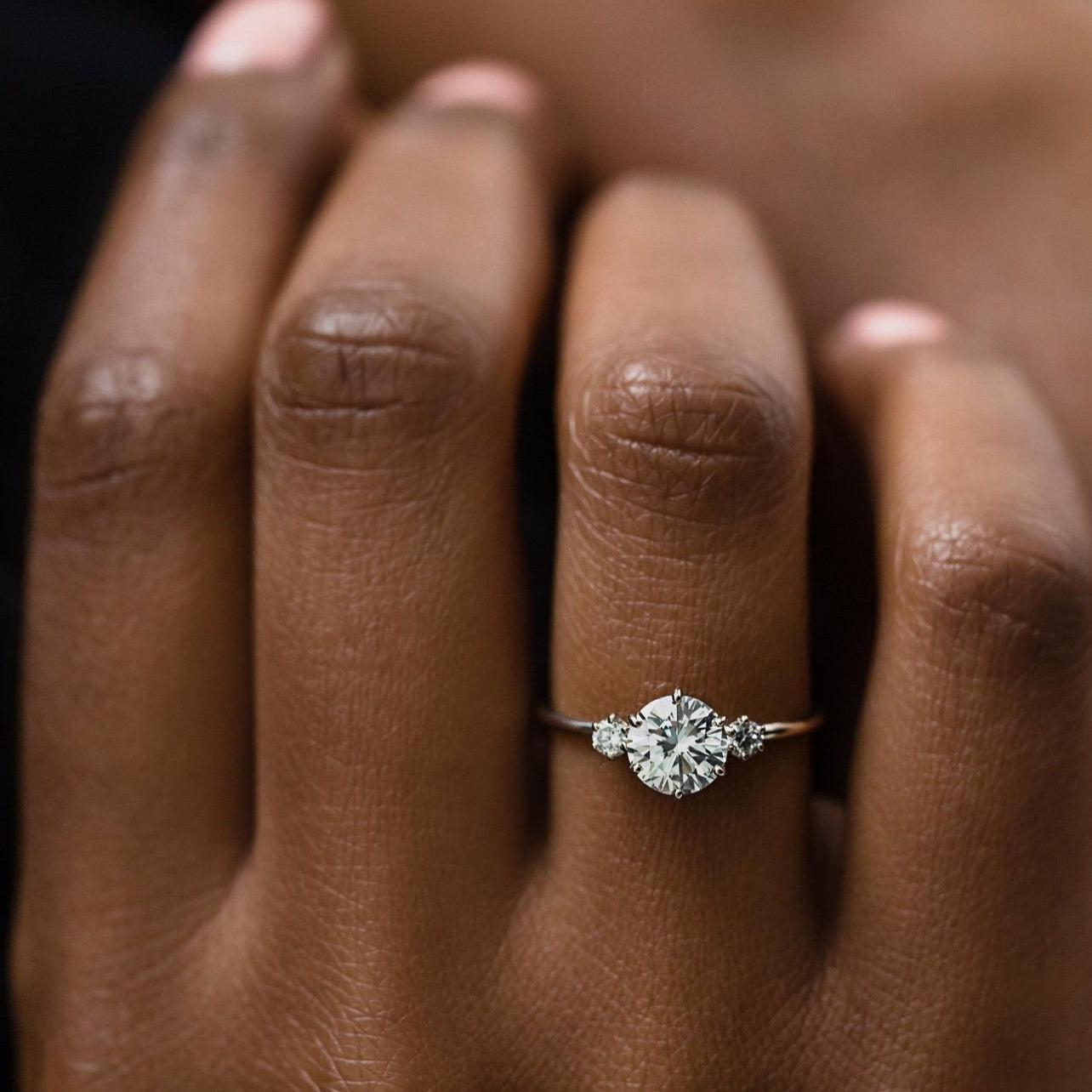 Three Stone Round Diamond  Moissanite Engagement Ring in 14k Solid Gold