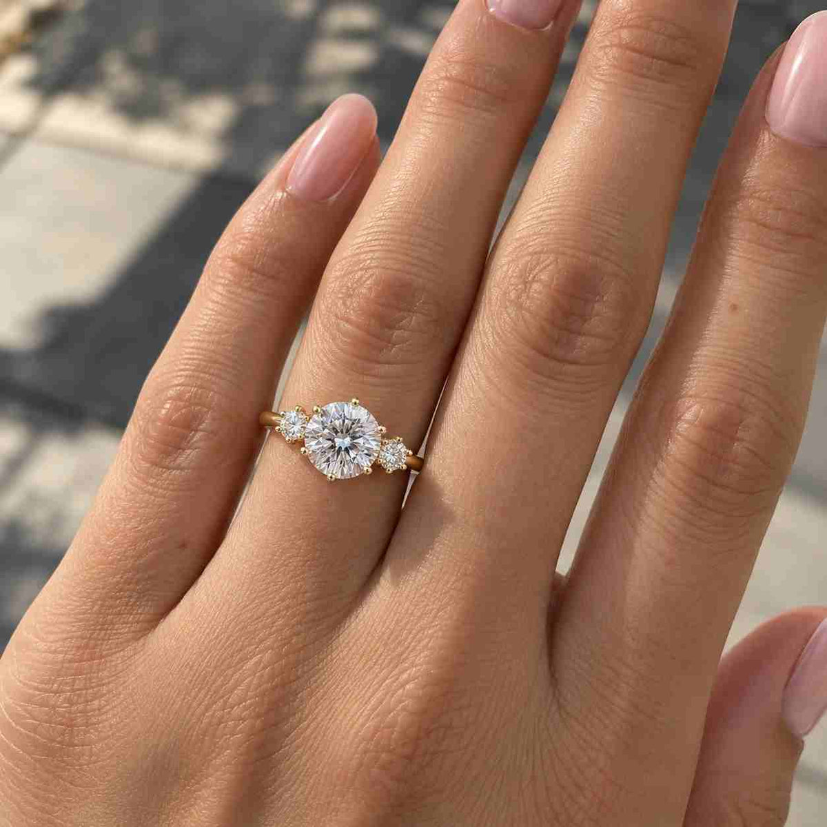 Three Stone Round Engagement Rings All Lab Grown Diamond Ring Round Trilogy Ring Anniversary Gifts Round Diamond Ring Wide Band Wedding Ring