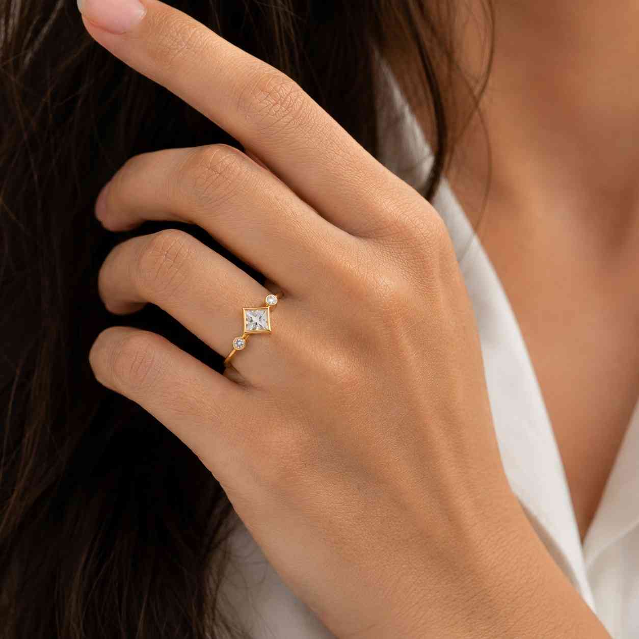 three stone wedding ring, princess cut moissanite engagement ring, bezel set ring, 14k yellow gold ring, side stone ring, gift for her