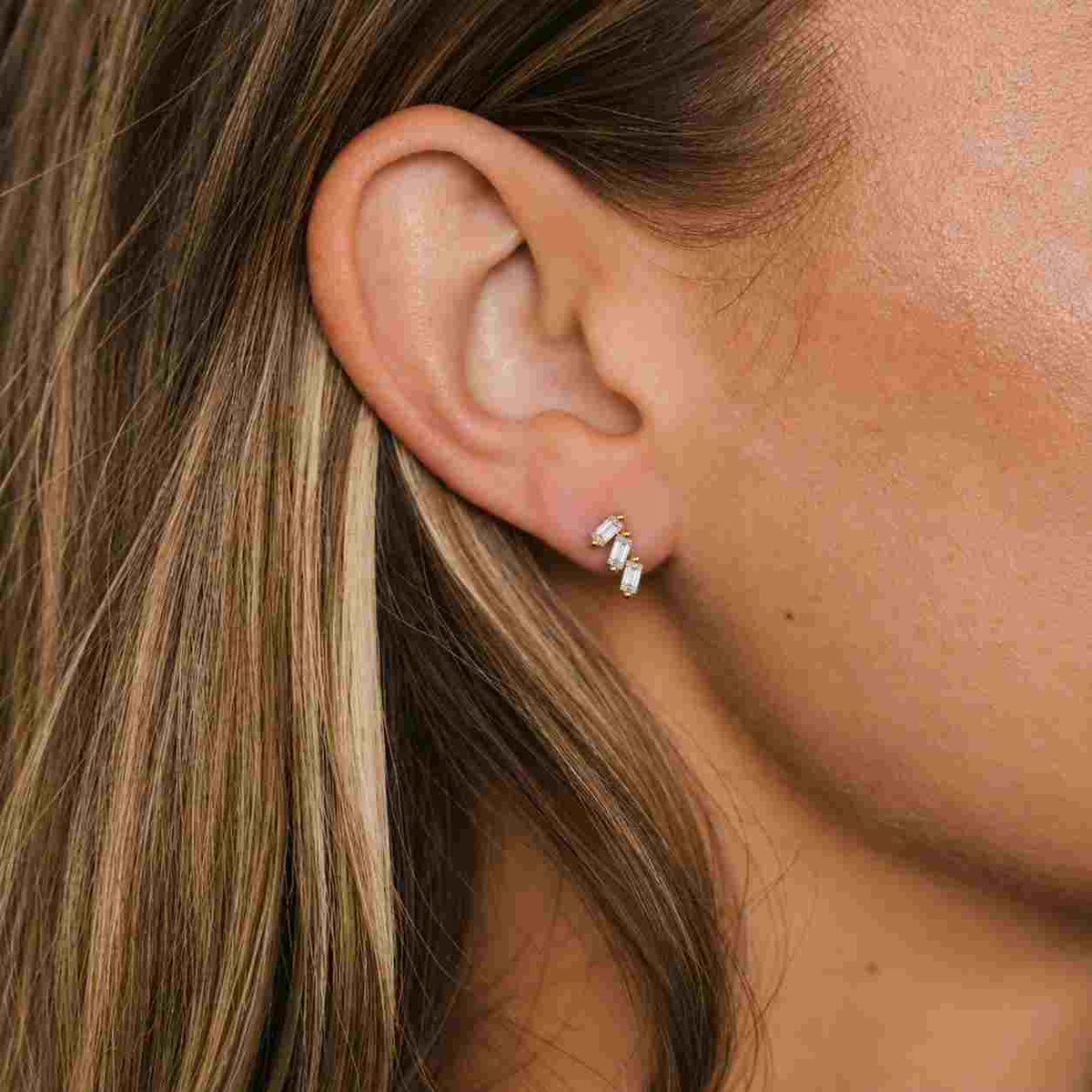 tiny diamond stud earrings, dainty baguette lab grown diamond small earring for baby girl, platinum studs for piercing gift studs, women
