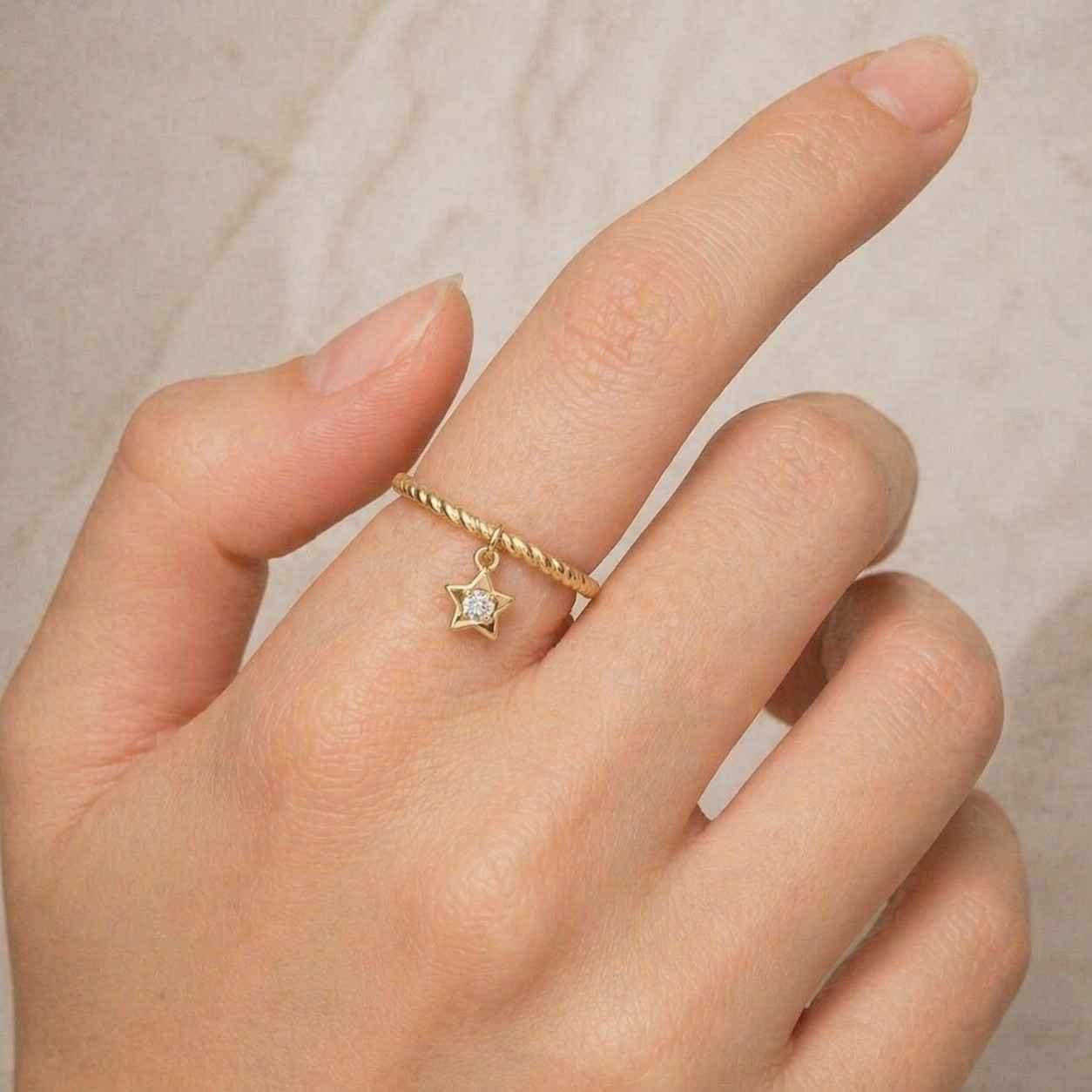 Tiny Star Lab Grown Diamond Solid 9K Yelllow Gold Ring, Minimal Ring, Dainty Everyday Jewelry Gift for Her, Thin Gold Band Ring
